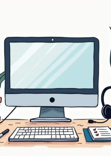 An organized call center workspace featuring a headset