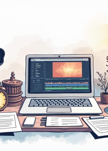 An organized workspace featuring a camera setup