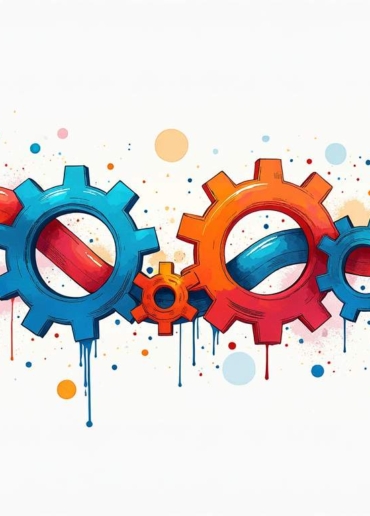 An abstract representation of a continuous deployment pipeline intertwined with gears and cogs symbolizing focused problem-solving