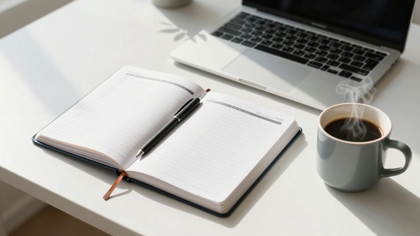 Desk with planner, laptop, and coffee for time blocking.