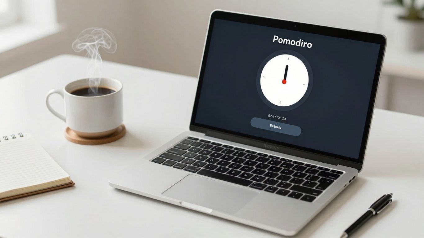 Pomodoro timer app on a laptop, coffee, and notebook.