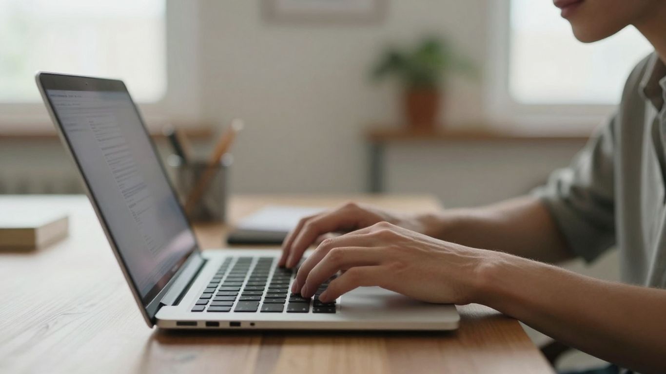 Focused individual working productively on a laptop.