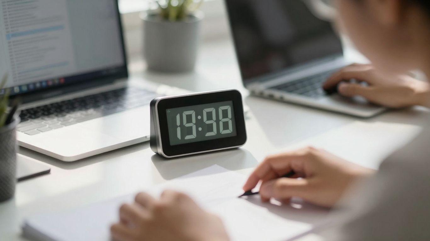 Productivity timer on a desk, focused work