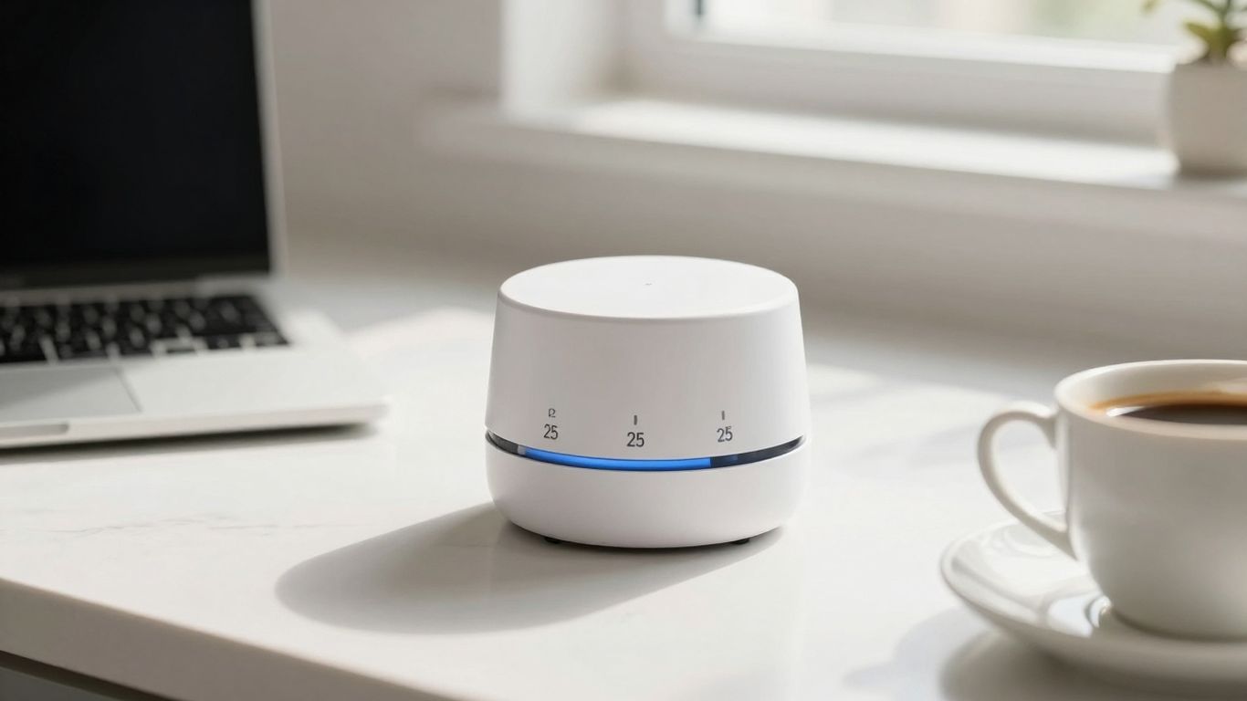 Pomodoro timer on a desk with coffee and laptop.