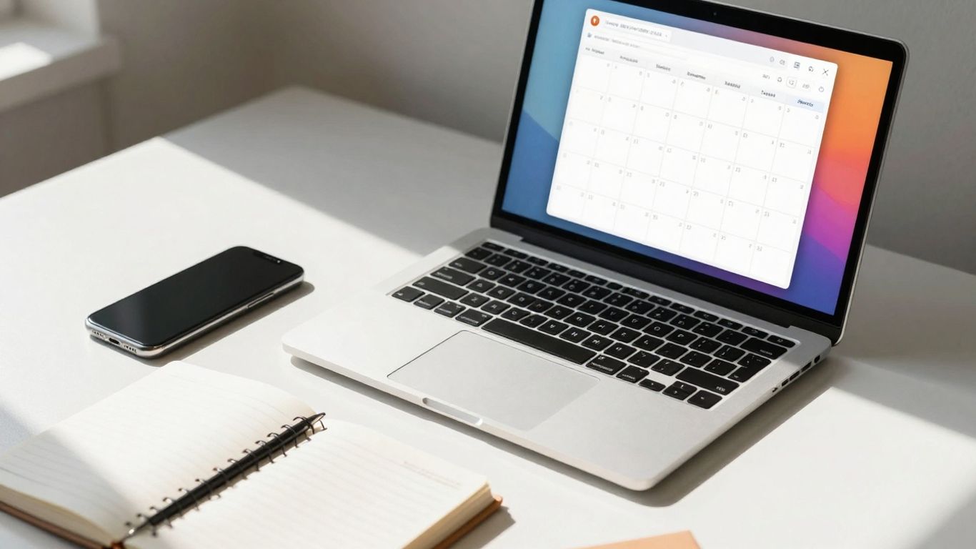 Laptop calendar app with productivity icons and sunlight.