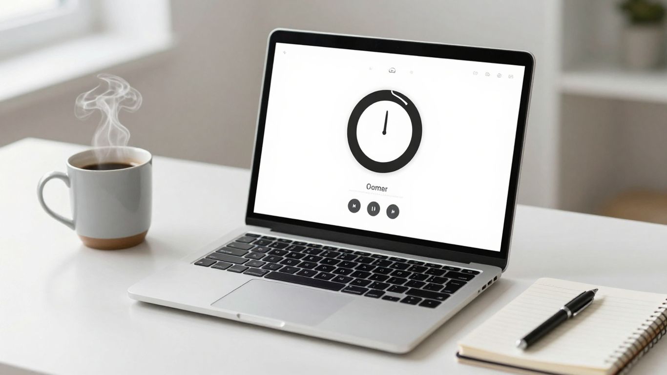 Minimalist Pomodoro timer on a laptop screen.