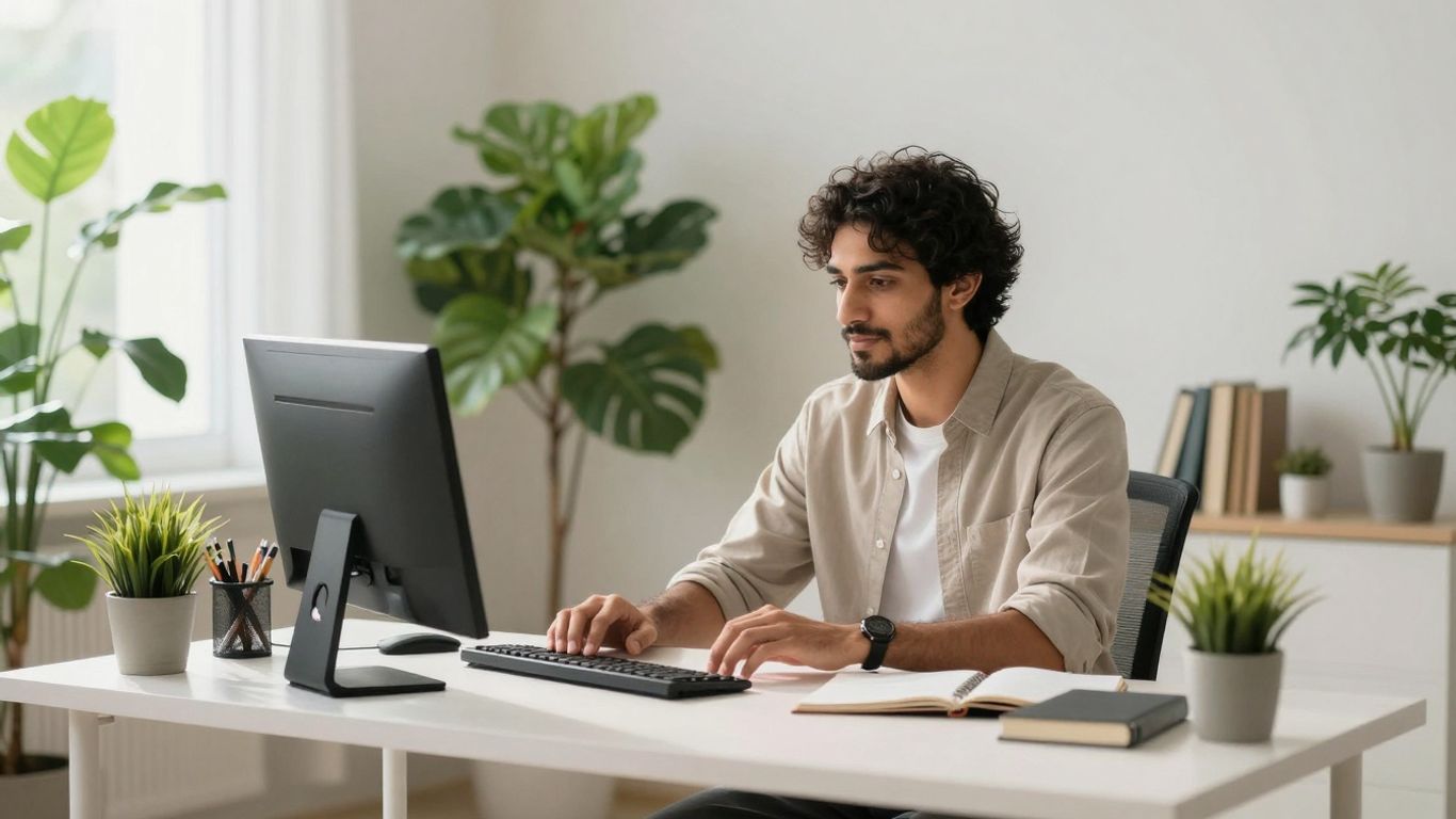 Modern desk with plants, person focused on work.