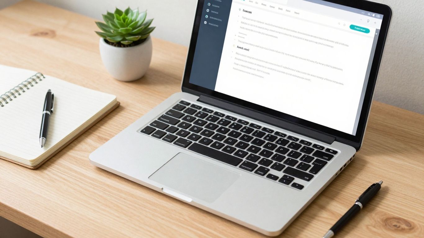 Desk with laptop showing task management interface.