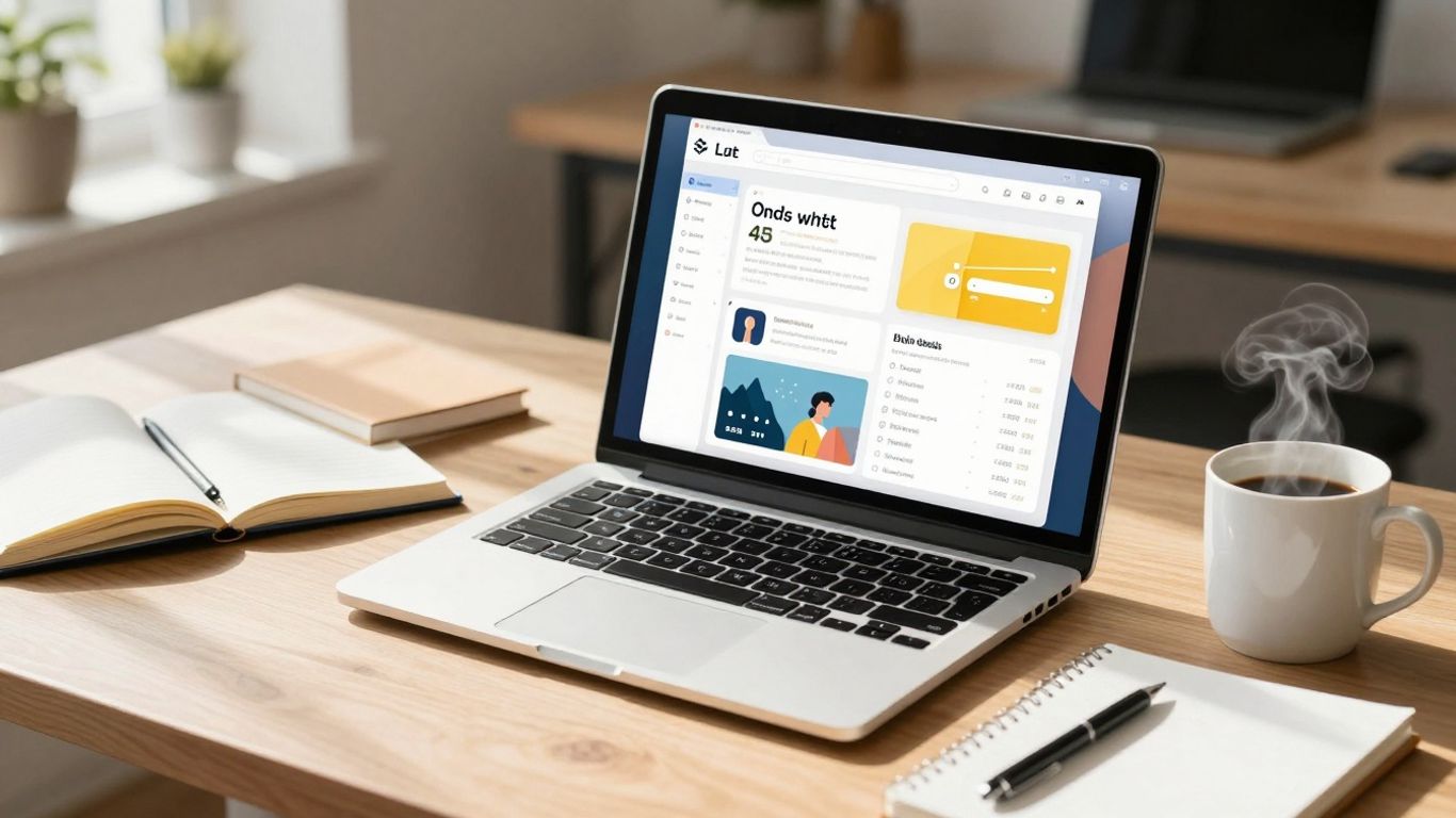 Productivity app interface on a laptop, desk setup.