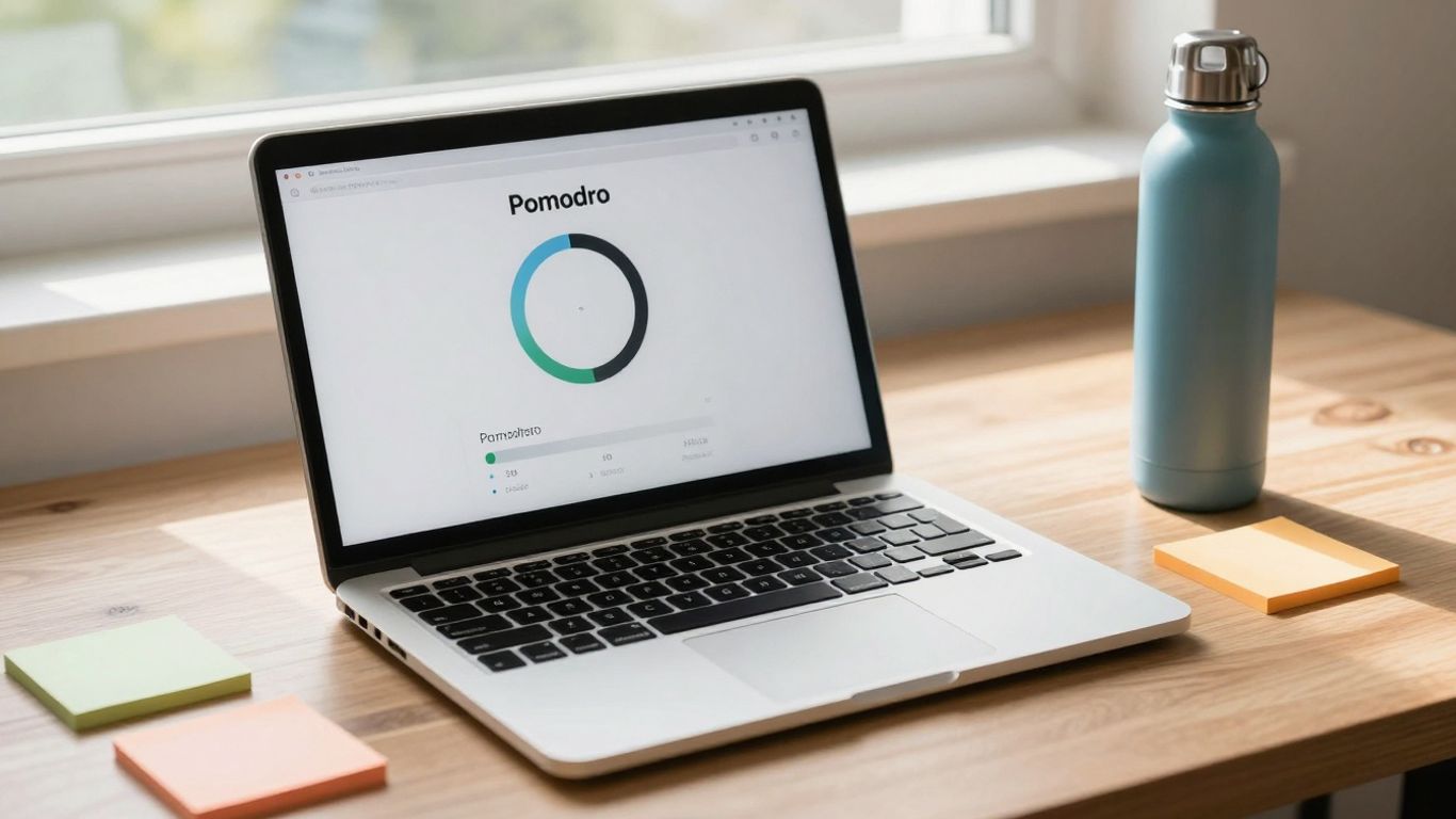 Pomodoro timer app on a laptop, desk setup.
