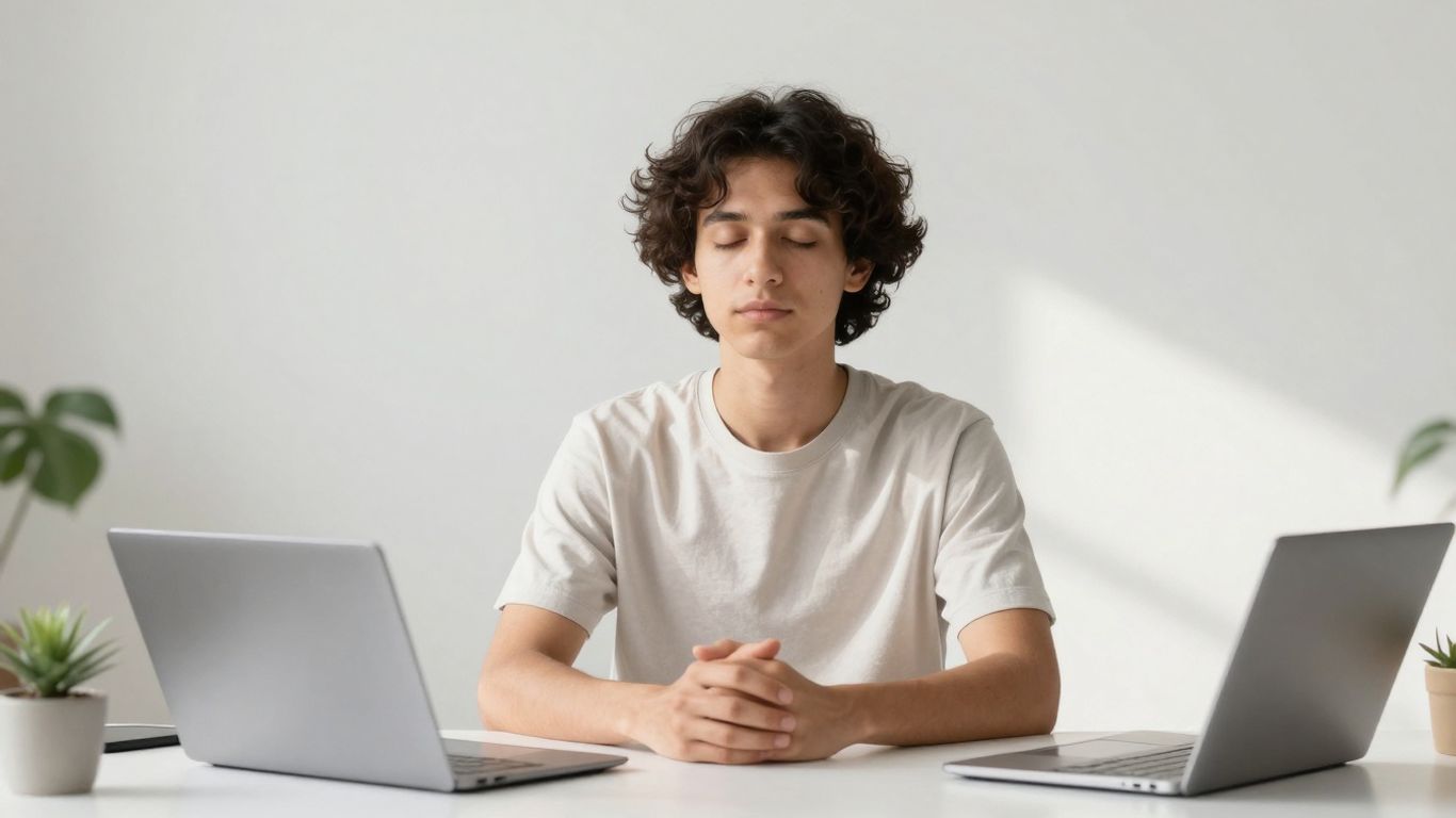 Person in deep focus, serene expression, minimalist desk.