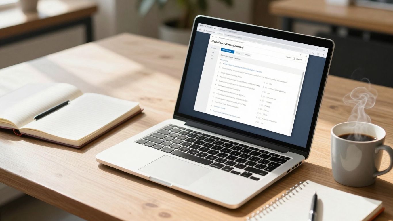 Productivity apps on a laptop screen in a bright workspace.