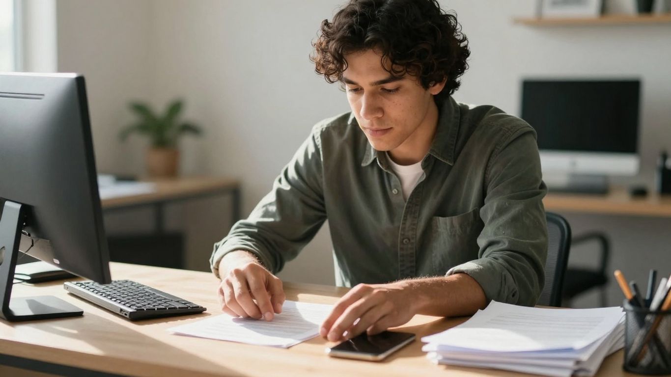 Person with ADHD focusing, blocking distractions in a workspace.