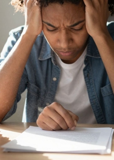 Person struggling to start a task at a cluttered desk.