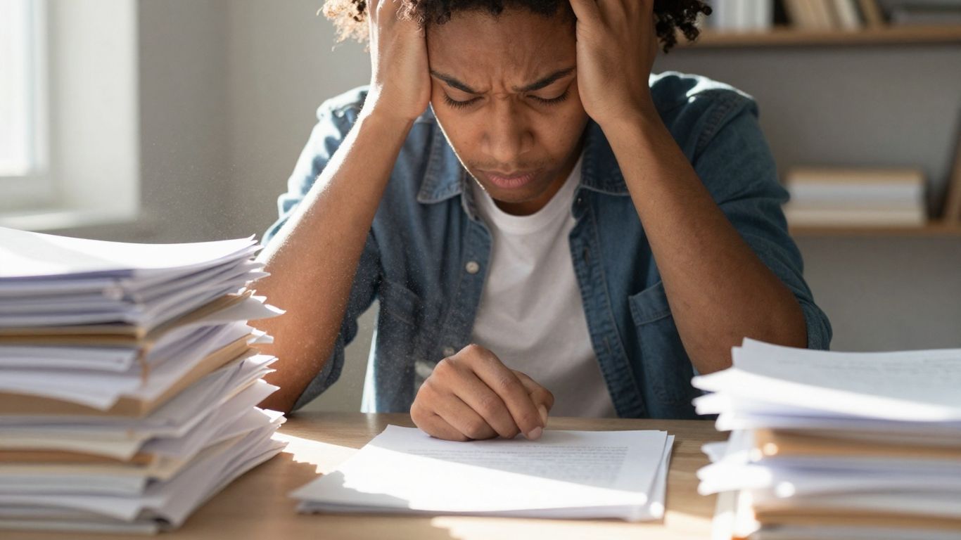 Person struggling to start a task at a cluttered desk.