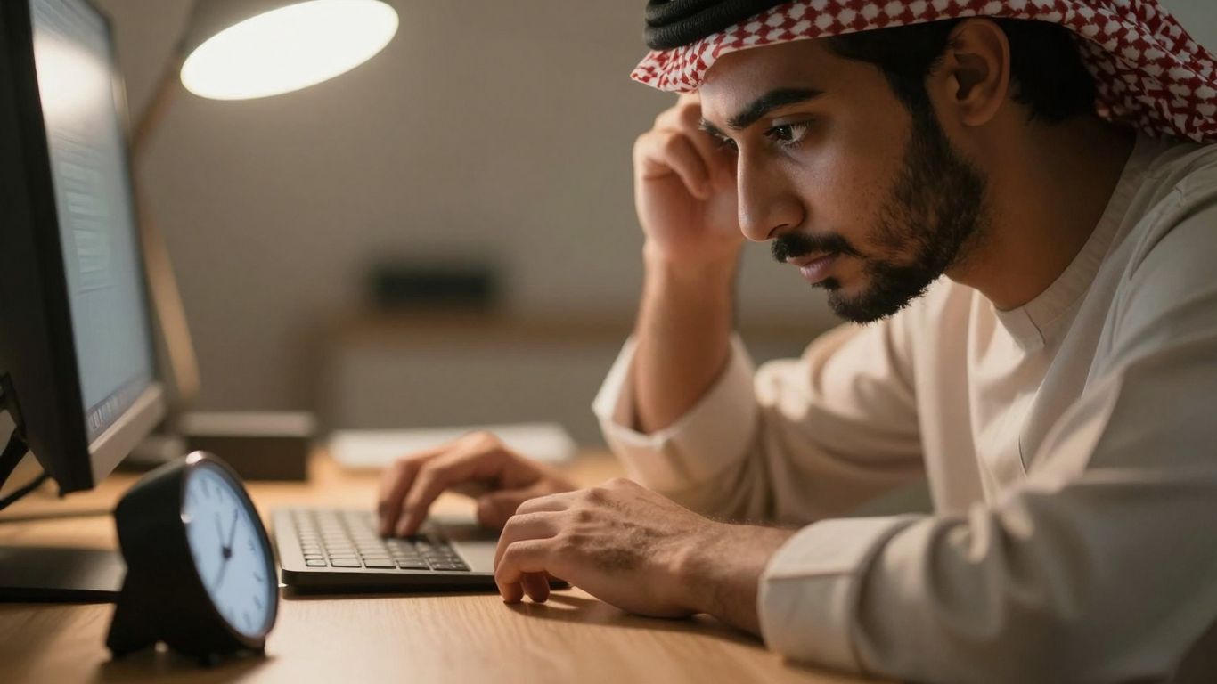 Person intensely focused on work with a timer.