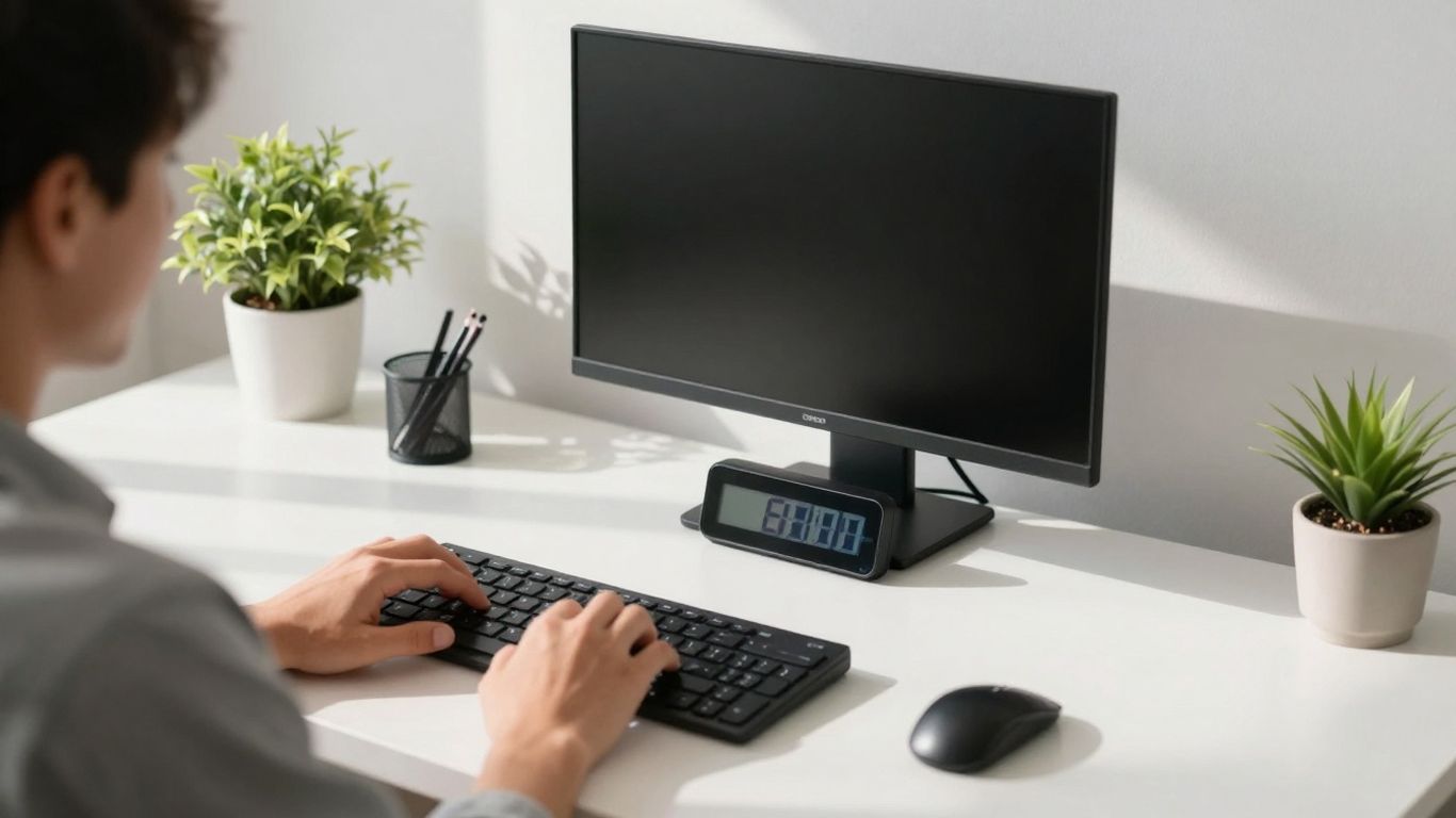 Desk with timer, person working, productive workspace.