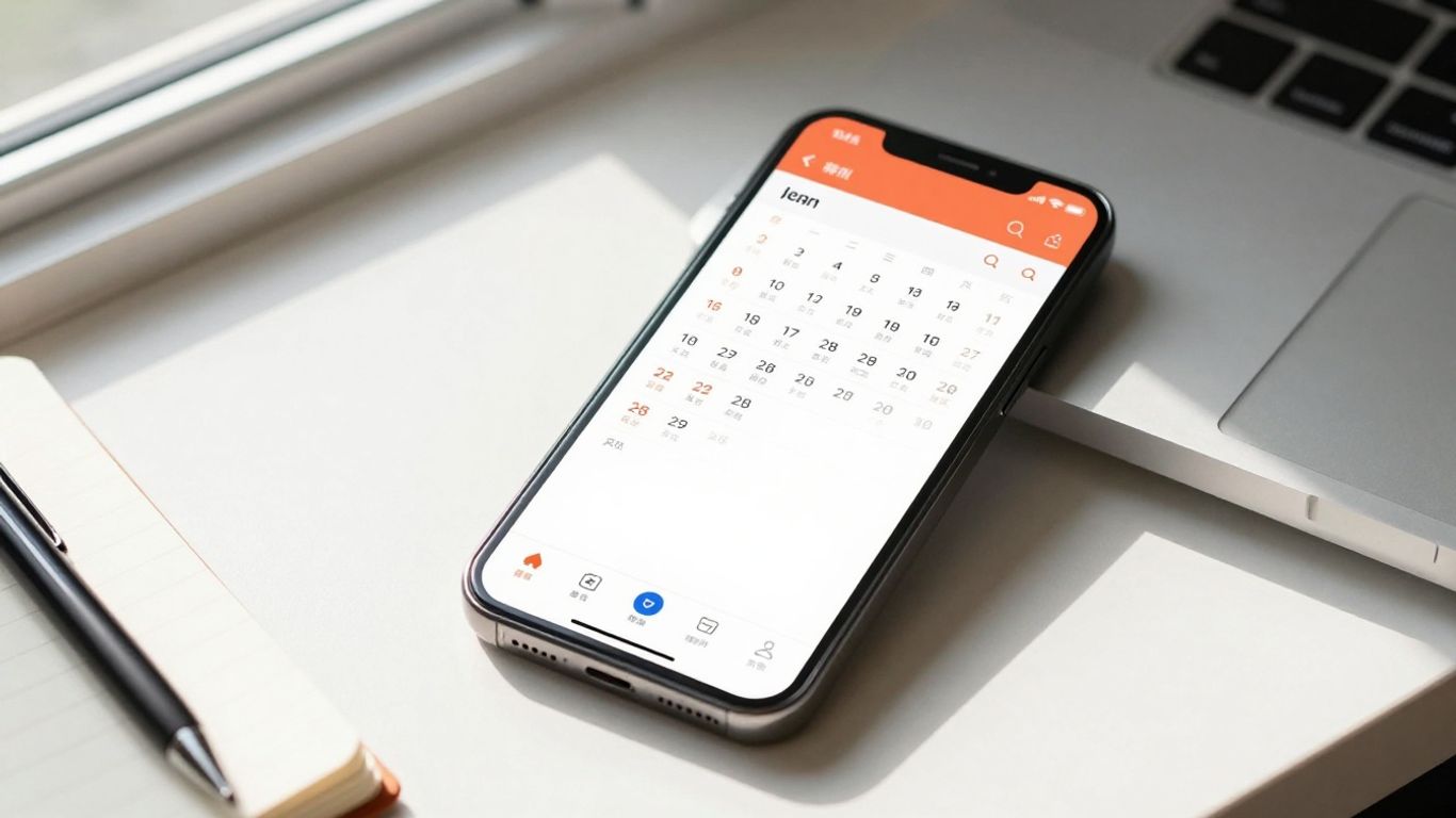 Smartphone calendar app interface on a desk.