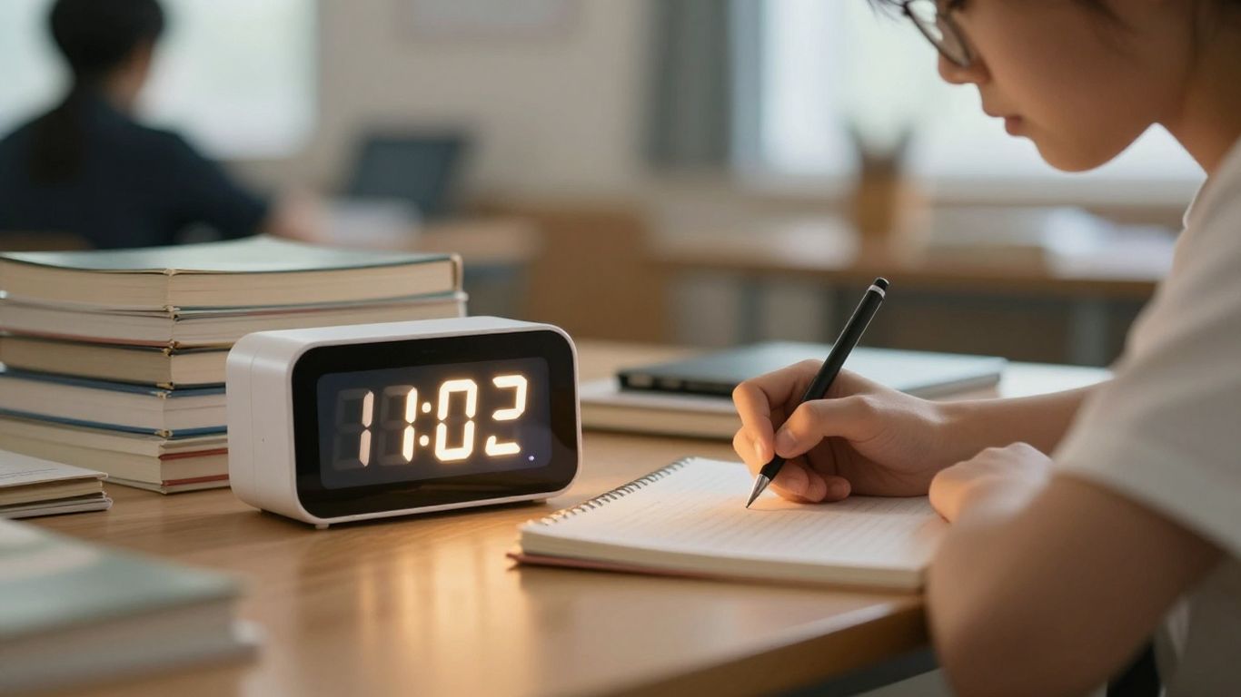 Student focused on studying with a timer.