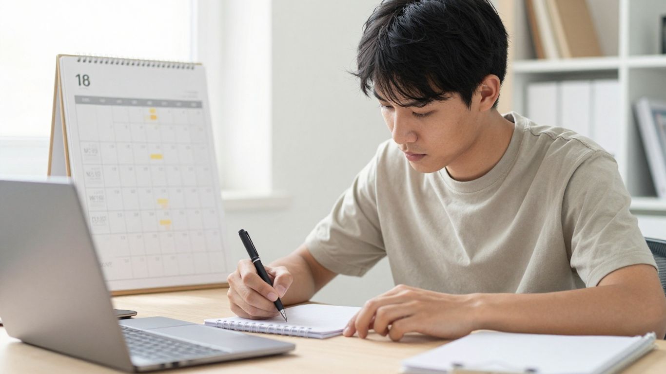 Person working intently at a desk with a calendar.