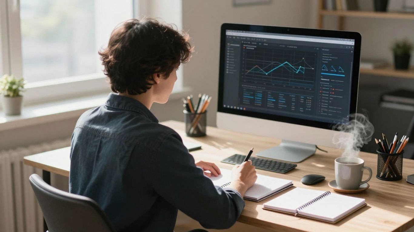 Person working diligently at a desk, bathed in sunlight.