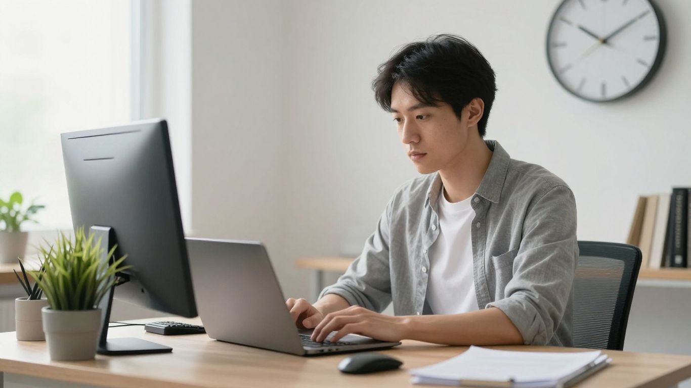 Focused person working at a desk with a clock.