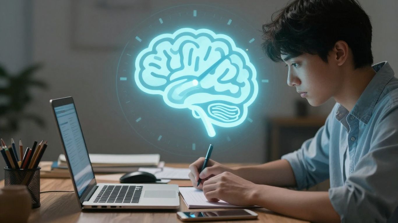 Student studying with a Pomodoro timer and brain icon.