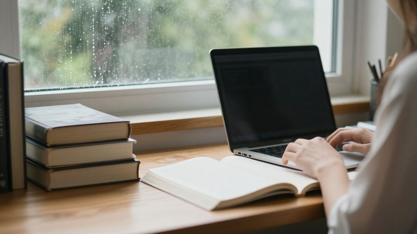 Person studying with rain outside window