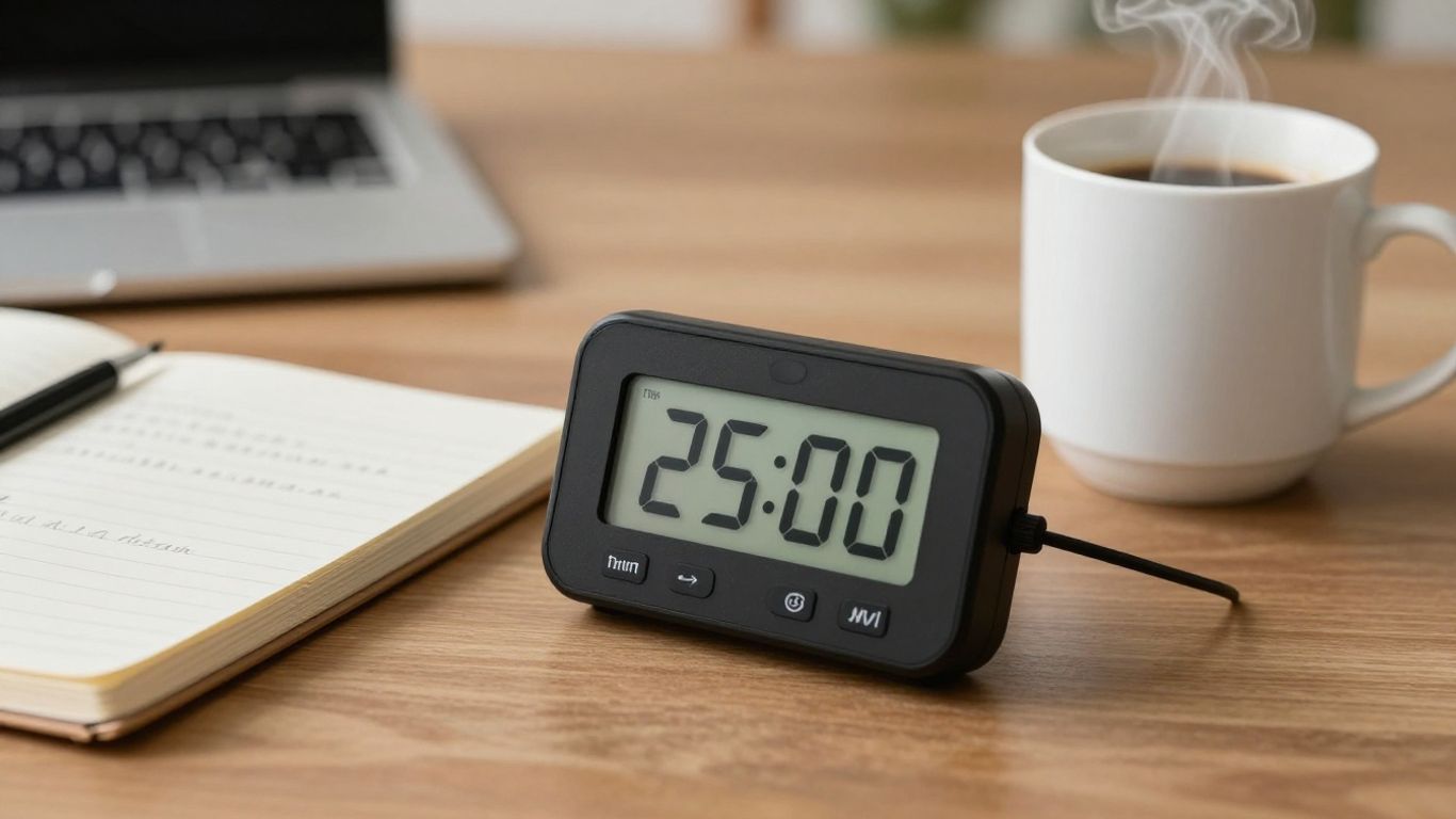 Pomodoro timer, notebook, and coffee on a desk.