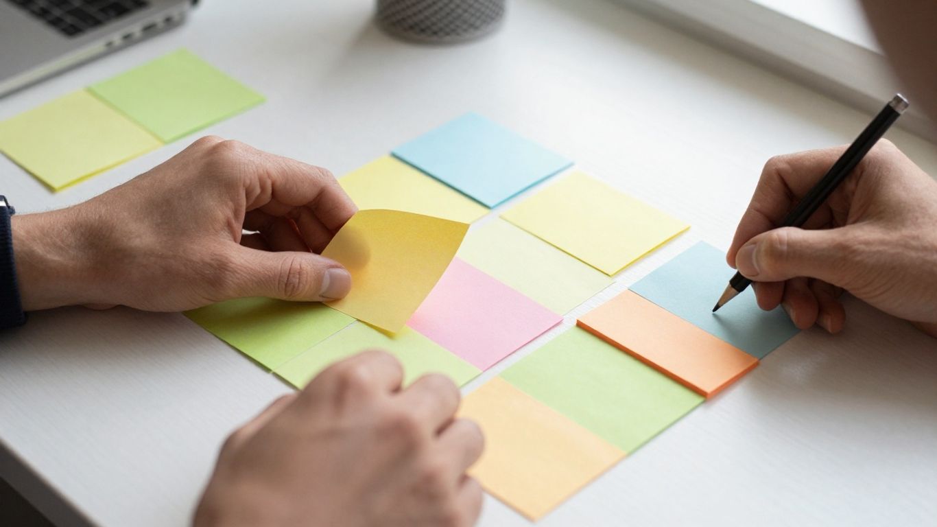 Hands organizing time blocks on a desk.