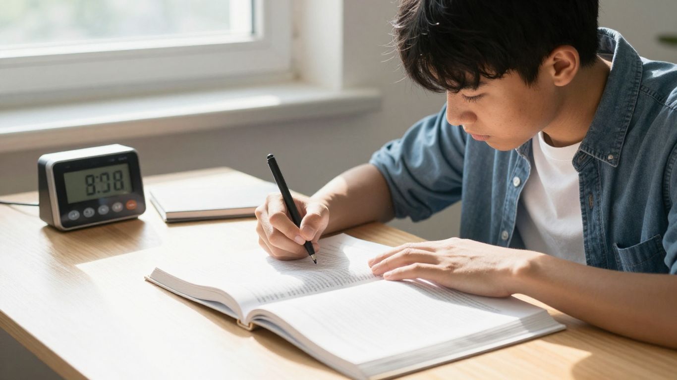College student studying with a digital timer.