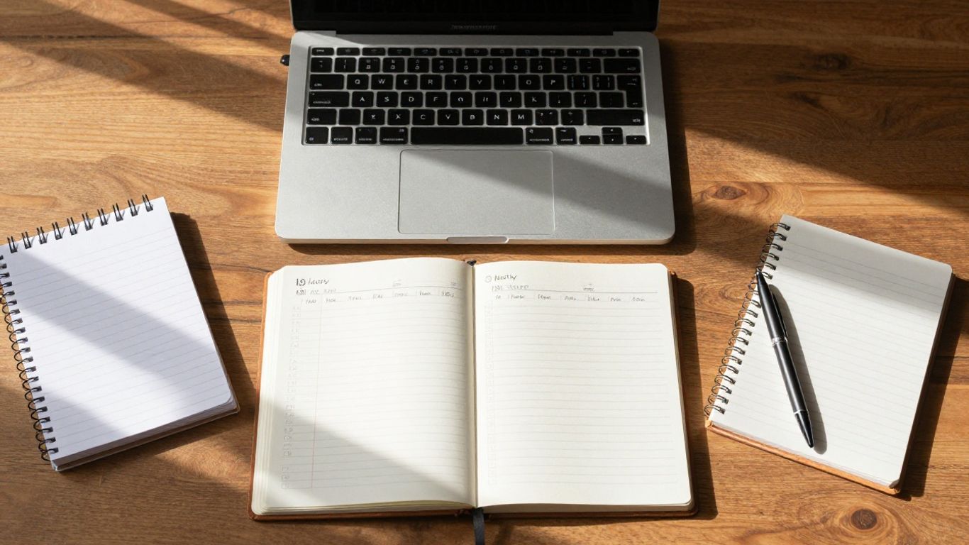 Weekly time blocking planner on a clean desk.
