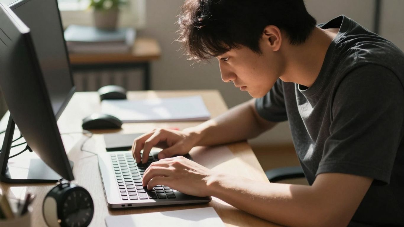 Person working intently with a timer element.