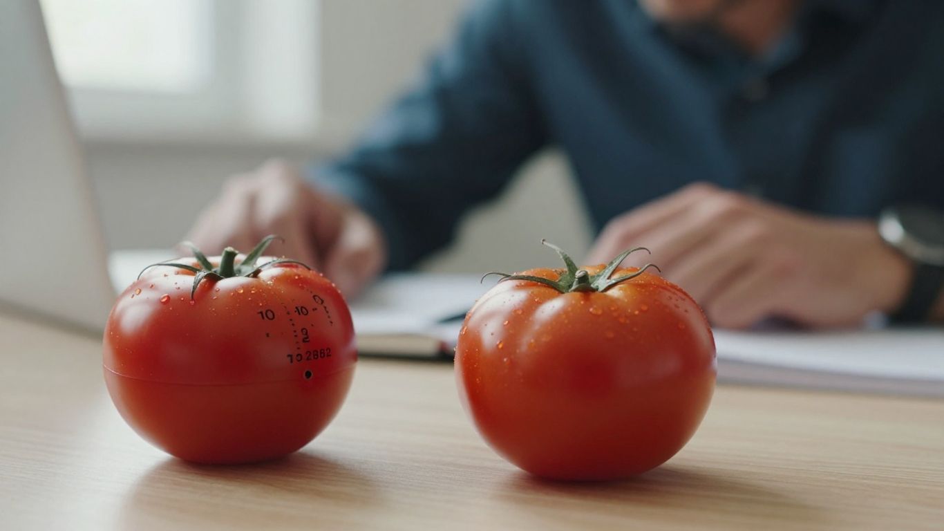 Person working with a Pomodoro timer on desk.