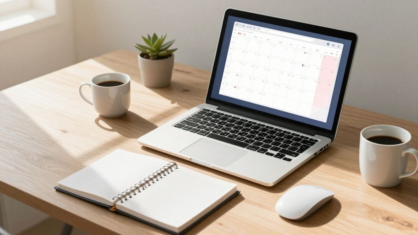 Organized desk with calendar for time blocking.