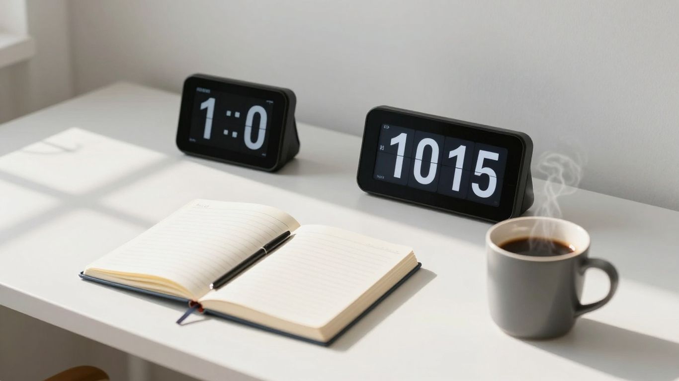 Desk with timer, notebook, and coffee