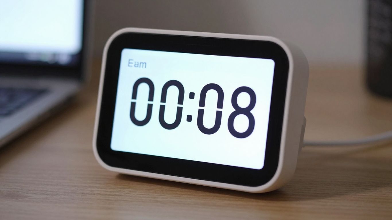 Digital Pomodoro timer with countdown and blurred background.