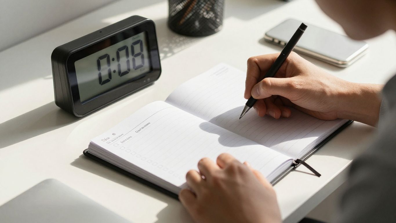 Desk with timer and planner for productivity.