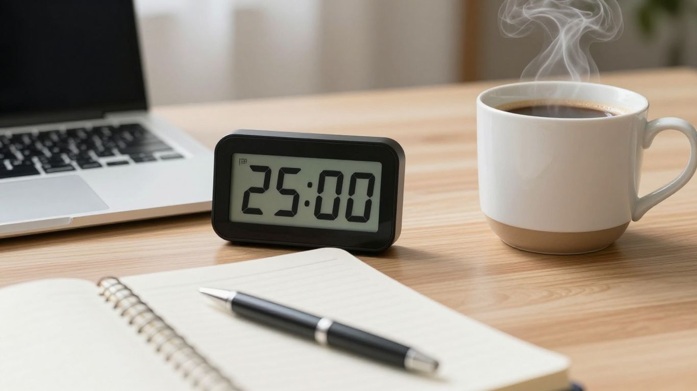 Pomodoro timer, notebook, and coffee on a desk.