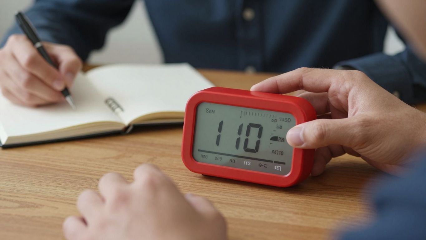 Person setting a Pomodoro timer on a desk.