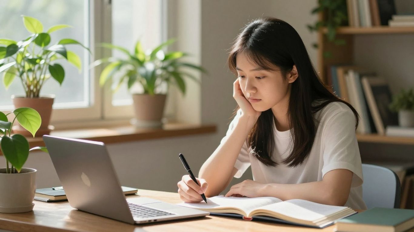 Student studying calmly in a bright, plant-filled room.
