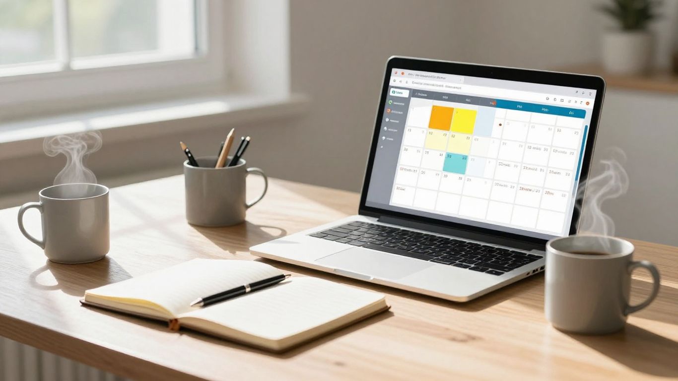 Time blocking calendar template on a laptop screen.