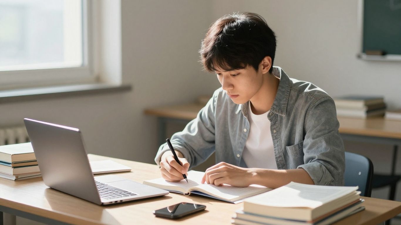 Student studying intently at a desk without distractions.