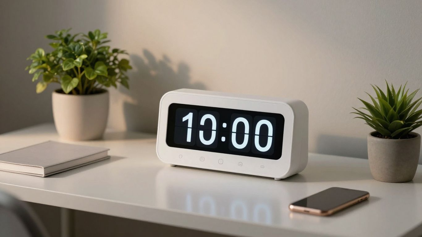 Pomodoro timer on a desk with ambient lighting.