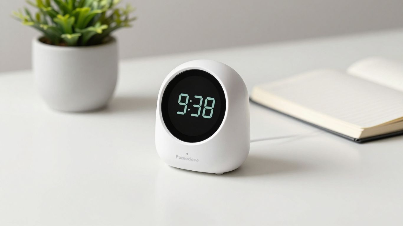 Minimalist desk with aesthetic Pomodoro timer and plant.