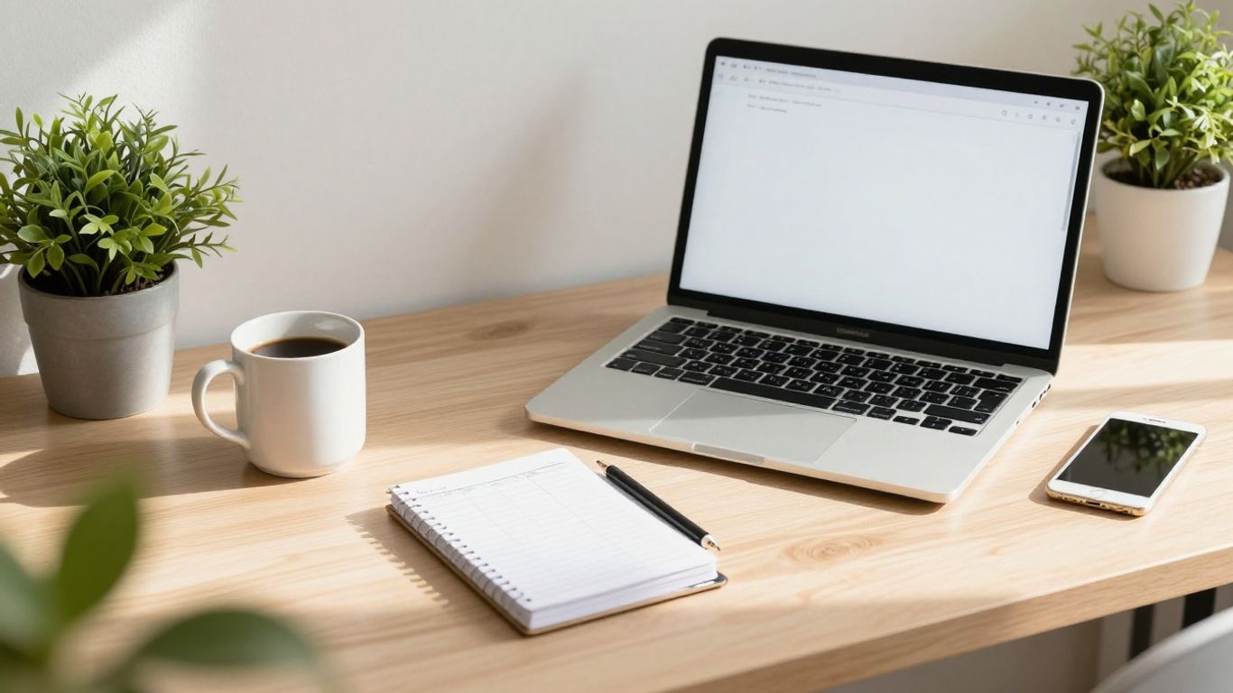 Organized desk with planner and laptop for time blocking.