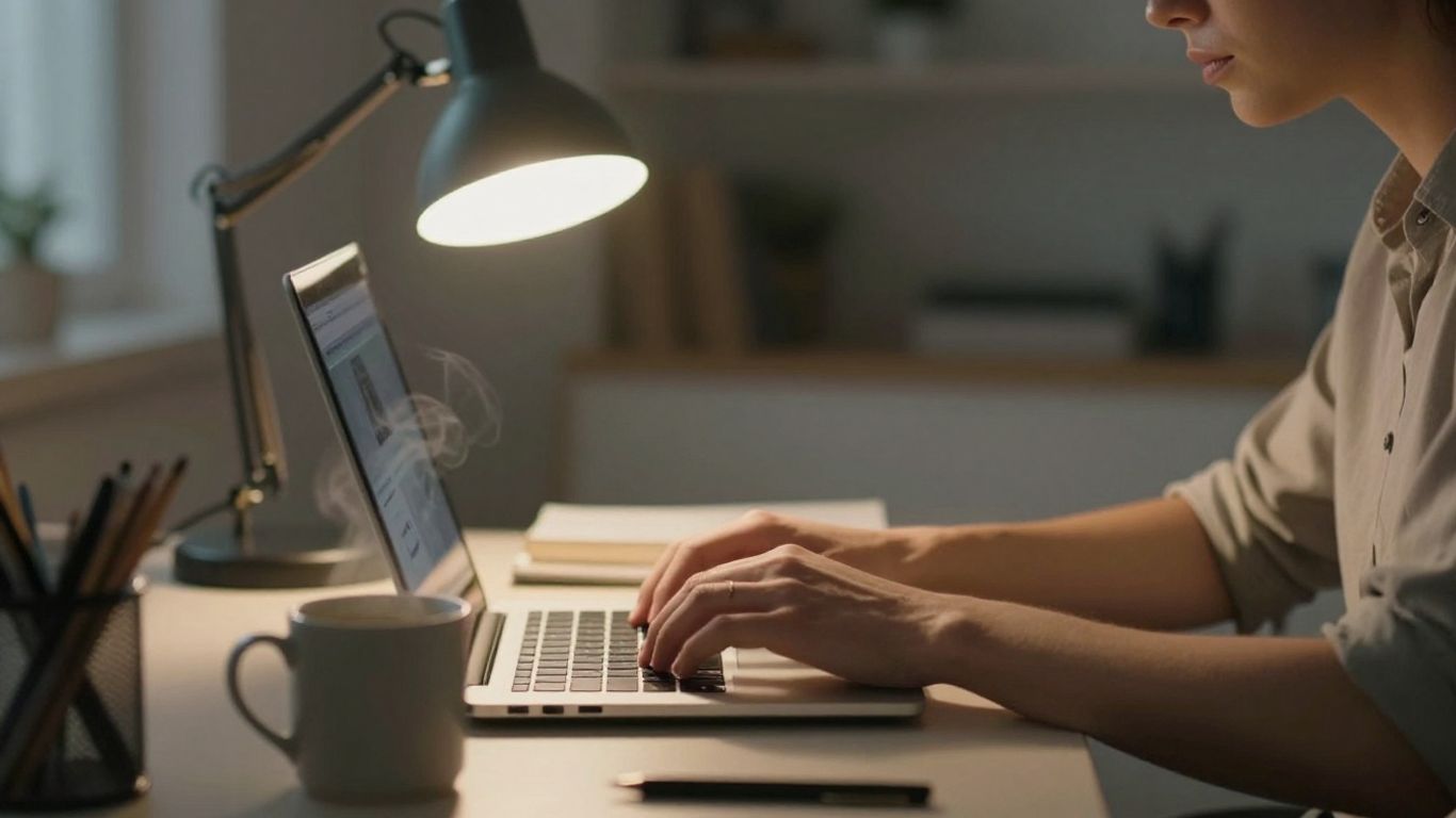 Content creator focused on laptop, coffee mug on desk.