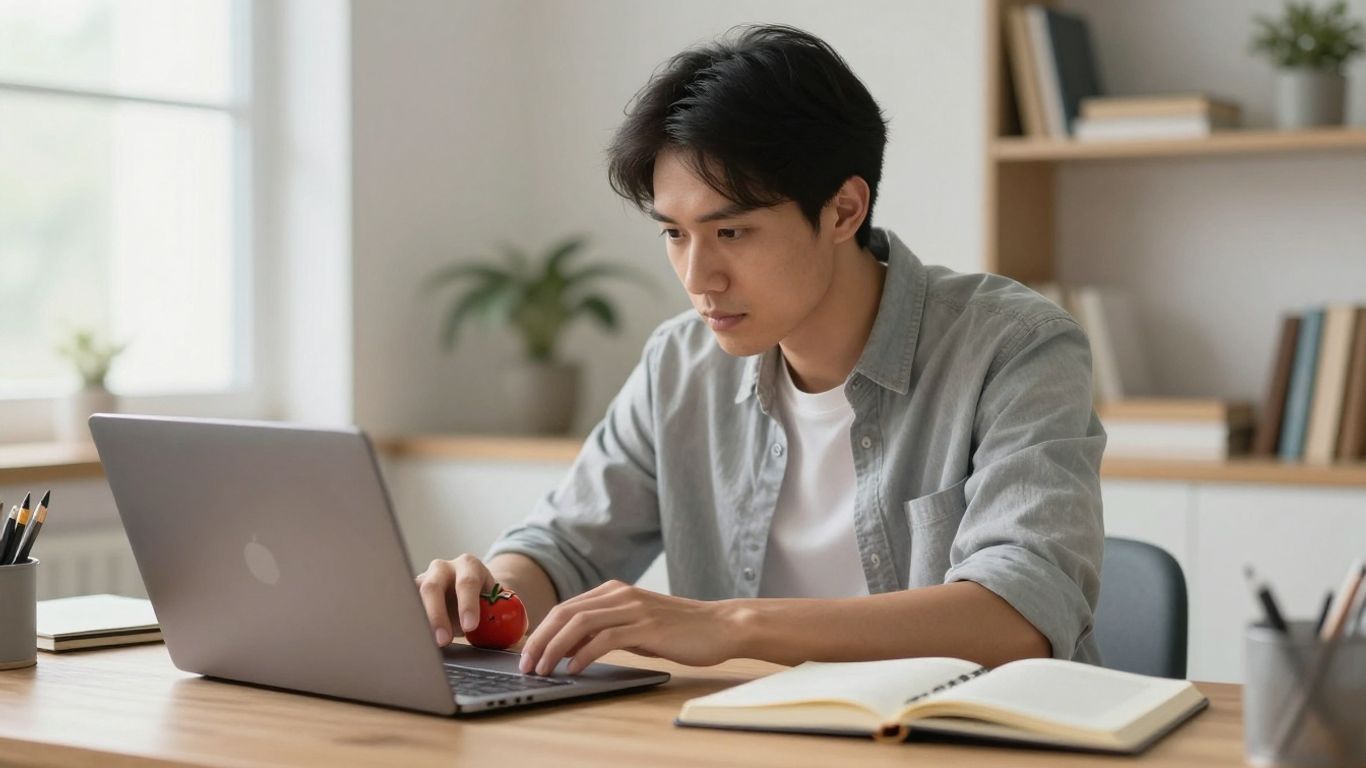 Person working at desk with Pomodoro timer.
