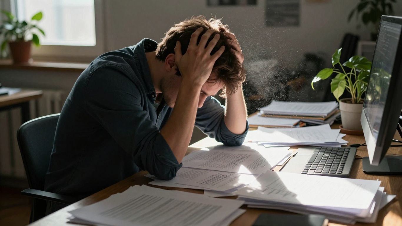 Person overwhelmed at desk, struggling to start work.
