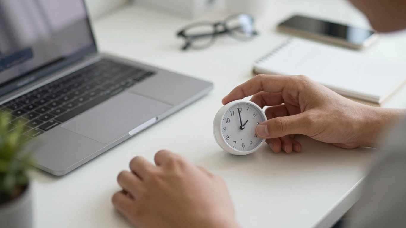 Focused person working at a desk with a timer.